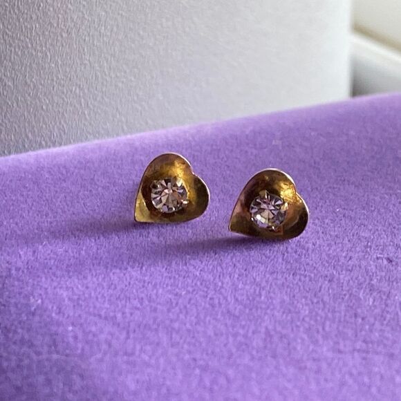 💛 14k Gold Vintage Heart CZ Earrings - Picture 1 of 5